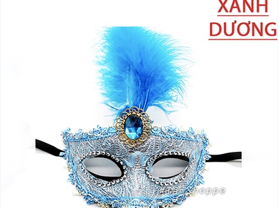 Mặt nạ nửa mặt lông vũ đính giữa ren sóng viên ngọc [Nửa mặt trên - nhiều màu] MATNA-122